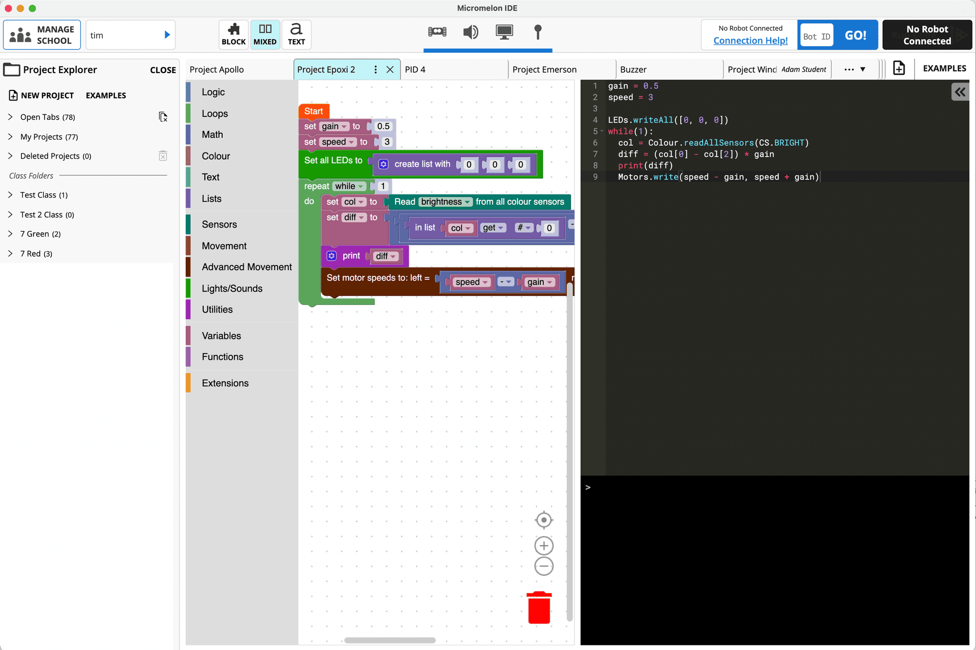 Project Explorer showing saved student projects