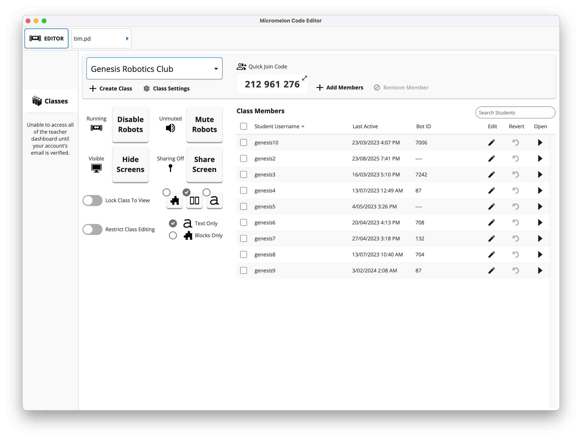 Teacher dashboard with class controls, quick join code, and real-time student list