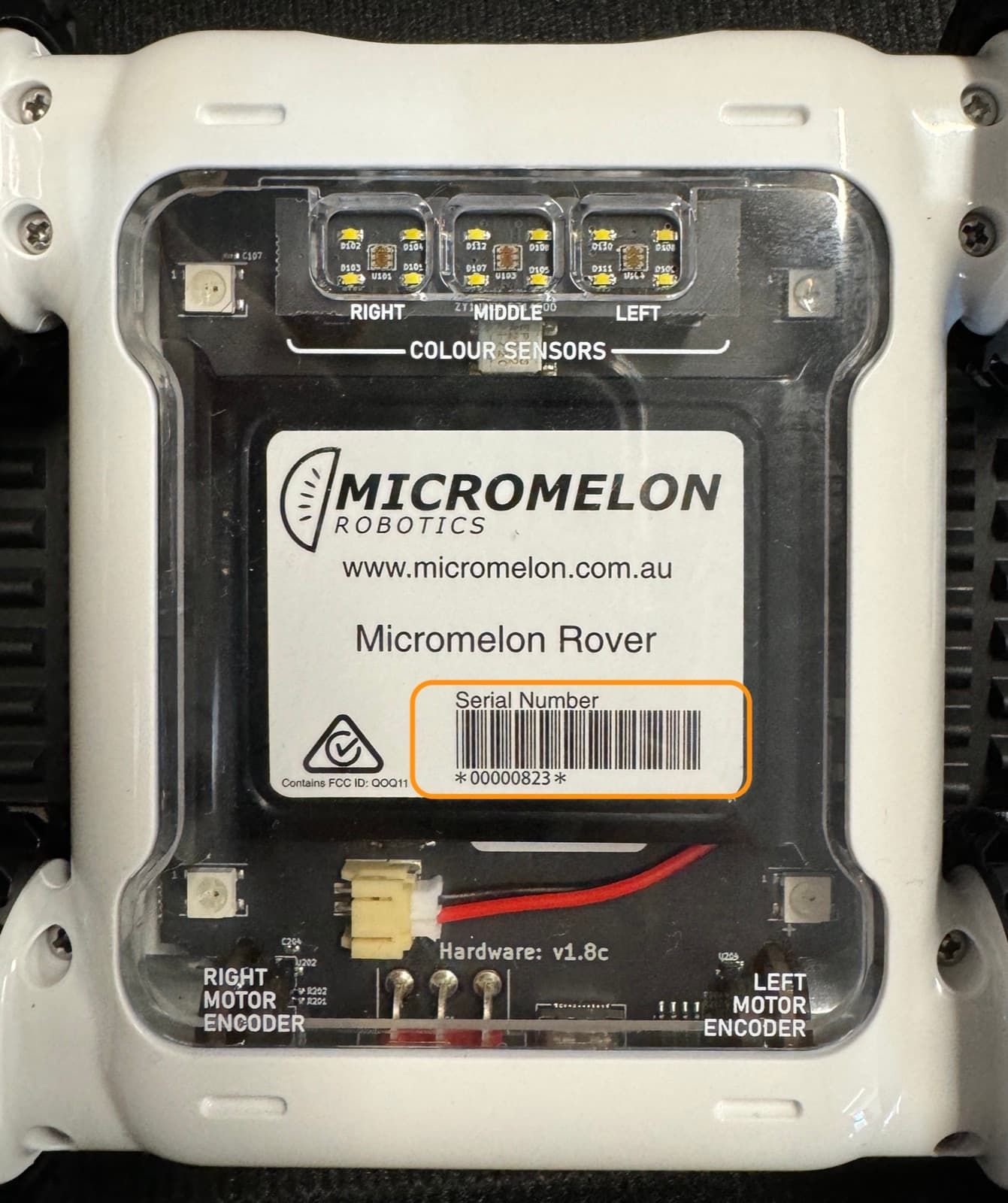 Underside of the Micromelon Rover showing the serial number sticker