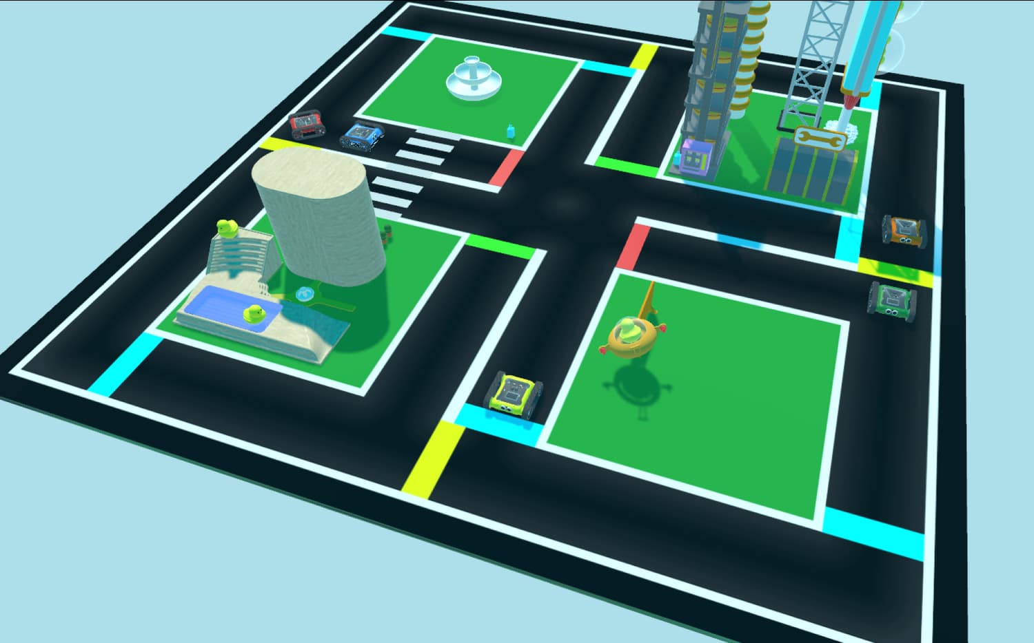 Micromelon Robot Simulator showing virtual rovers driving around a 3D city map