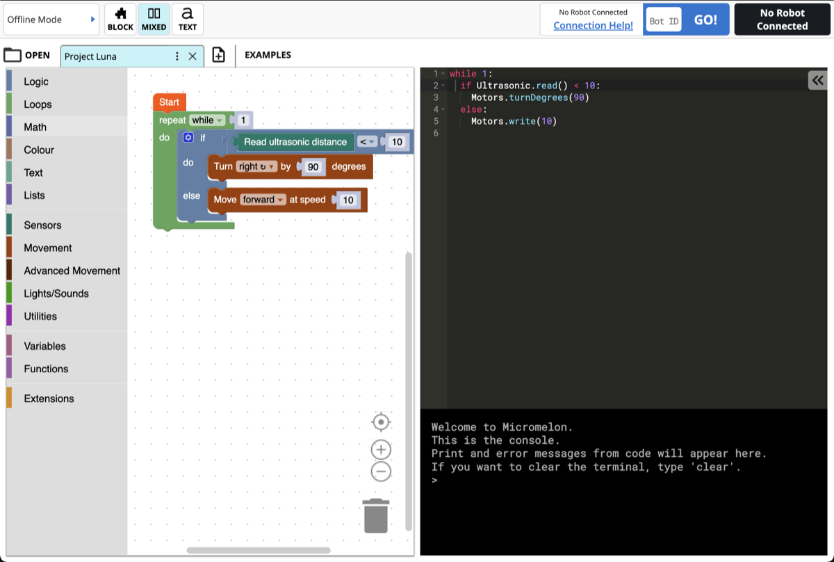 Micromelon Code Editor - Python and Blocks in Harmony | Micromelon Robotics